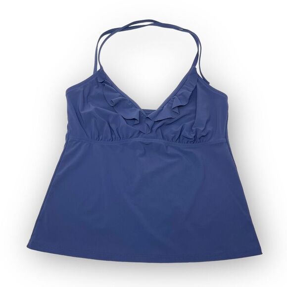 Lands’ End Swim Tankini Top Blue Halter Solid Ruffled Trim Women’s Size 8 - Picture 1 of 11